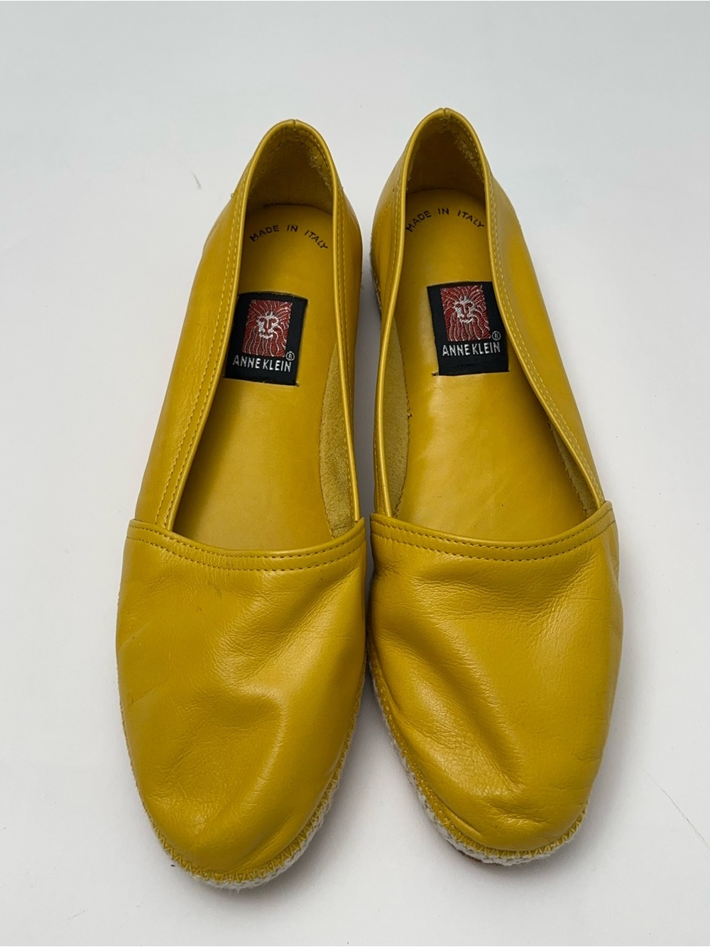 80’s Anne Klein Yellow Leather Slip-On Flats Vintage Leather Espadrille Loafer